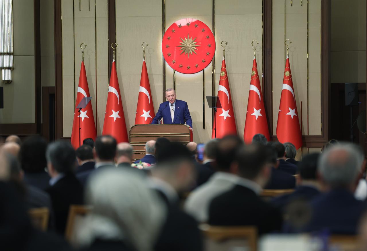 President Recep Tayyip Erdogan makes a speech during a meeting at Bestepe Nation’s Exhibition Hall in Ankara, Türkiye, Dec. 25, 2025. (Photo via Turkish Presidency/Mustafa Kamaci)