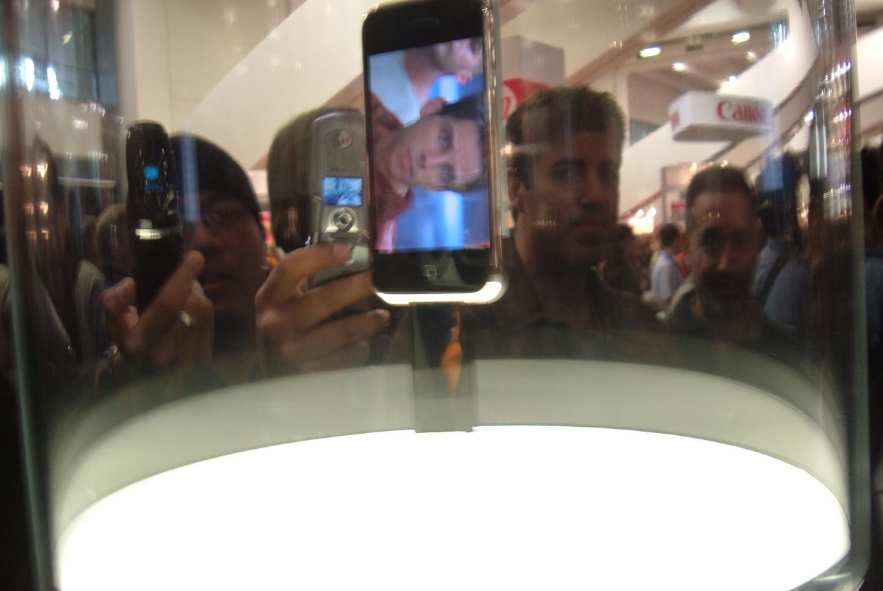 First public showing of the Apple iPhone, at the 2007 MacWorld show in San Fransisco, US. (Photo via Wikimedia)