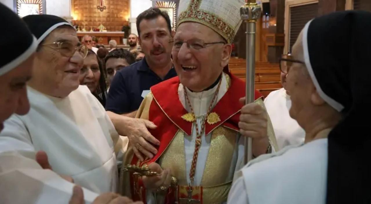 Cardinal Louis Raphael Sako, the Patriarch of the Chaldean Catholic Church, greets nuns following a mass at the Church of Our Lady in Arbil, the capital of Iraq's northern autonomous Kurdish region, on July 23, 2023. (AFP Photo)