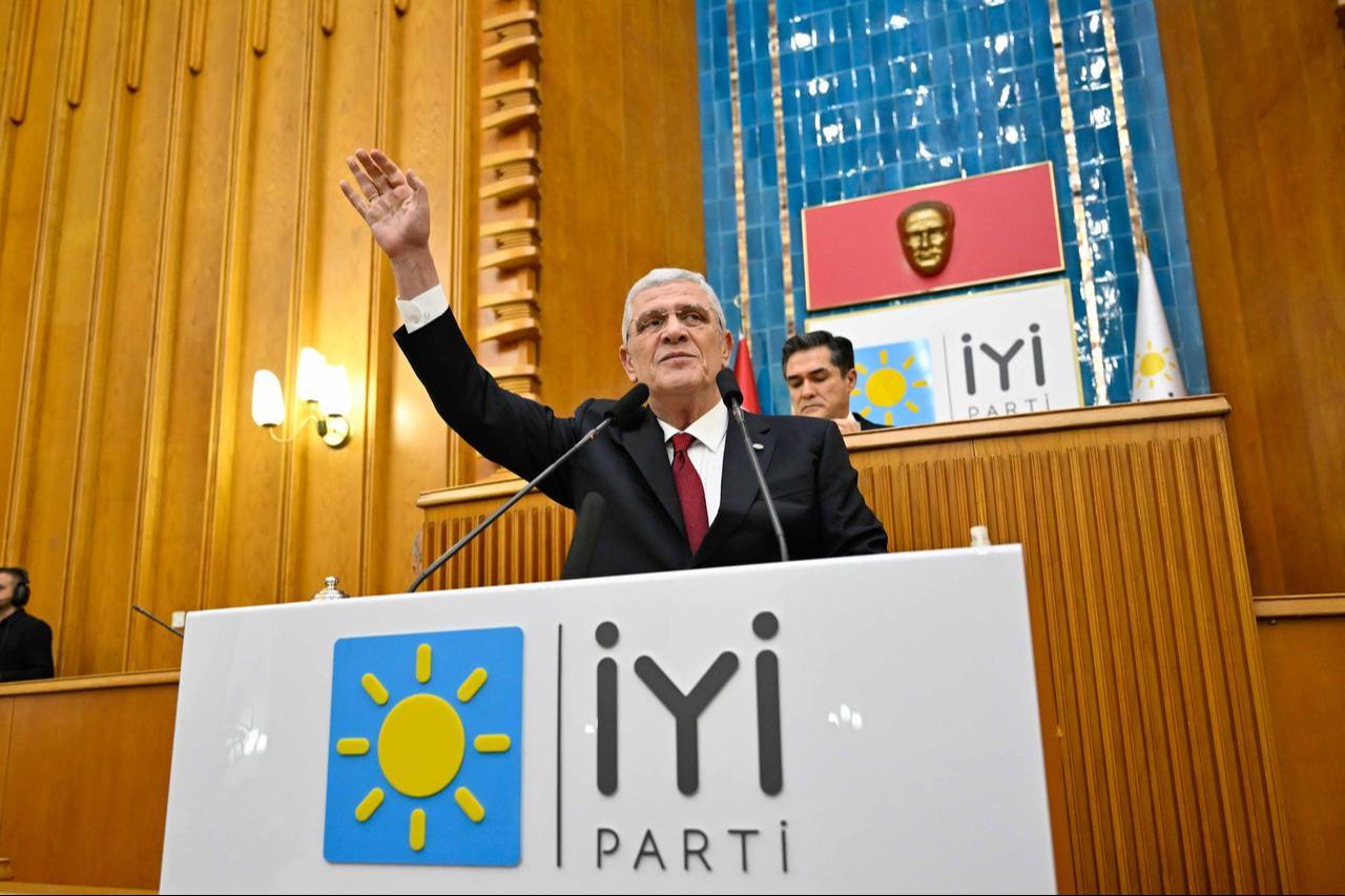 Leader of the IYI Party Musavat Dervisoglu makes a speech during his party's group meeting at the Turkish Grand National Assembly in Ankara, Turkiye on October 16, 2024. (AA Photo)