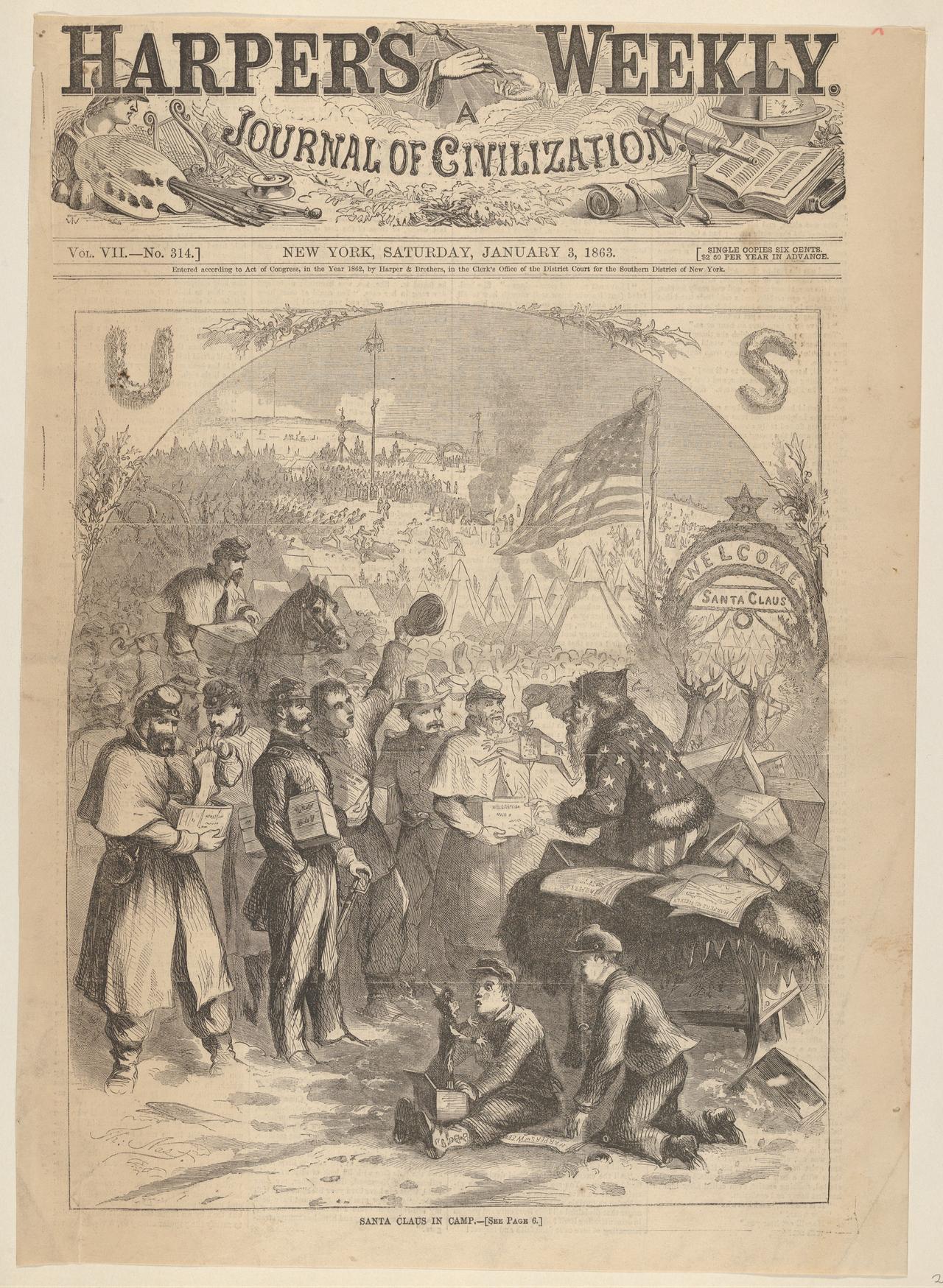 Santa Claus in Camp (from "Harper's Weekly," vol. 7, p. 1), accessed on Dec. 25, 2025. (Photo via Met Museum)