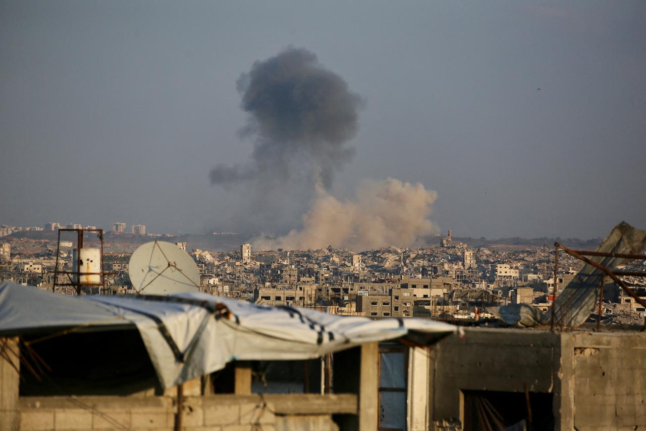 Smoke rising after explosions carried out by the Israeli army inside the Green Line, northeast of Beit Lahia, Dec. 24, 2025. (AFP Photo)