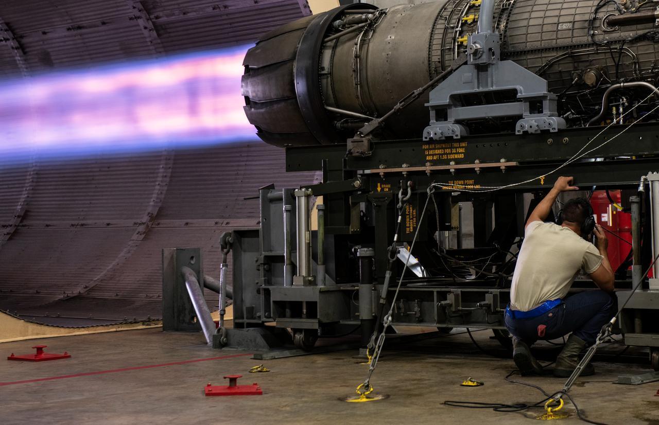 US Air Force Senior Airman Skyler Fleming, 20th Component Maintenance Squadron engine test facility (ETF) journeyman, inspects an active General Electric F110-GE-129 engine at Shaw Air Force Base, S.C., May 29, 2019. (Photo via US Air Force)