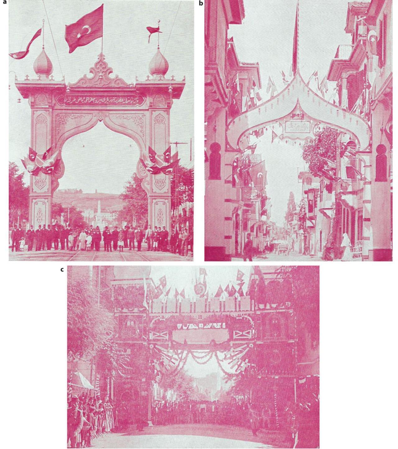 The triumphal arches raised by the Greek (a), the Bulgarian (b) and the Jewish community (c), on Boulevard Union/Hamidiye (today Ethnikis Amynis), Midhat Pasha (today Ag. Dimitriou) and Agia Sofia streets respectively. (Photos via openedition.org)