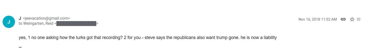 The email thread involves Reid Weingarten, the lawyer of Jeffrey Epstein and himself (jeevacation@gmail.com), discussing current events. (via Jmail)