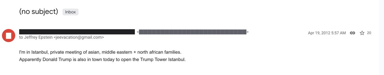 The email is a message sent to Jeffrey Epstein on April 19, 2012, from a sender in Istanbul, Turkey. (via Jmail)