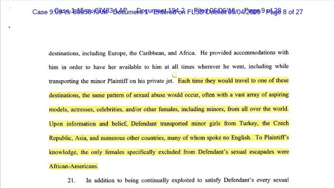 A page from a legal document released, accusing Epstein of transporting minor girls who spoke no English from countries including Türkiye and the Czech Republic.