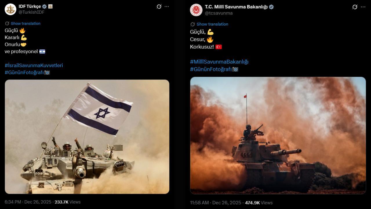 The photo shows both the Turkish Ministry of National Defense (MoND) post on X and the Israeli Armys Turkish accounts post on X, Dec. 26, 2025. (Photo via X)