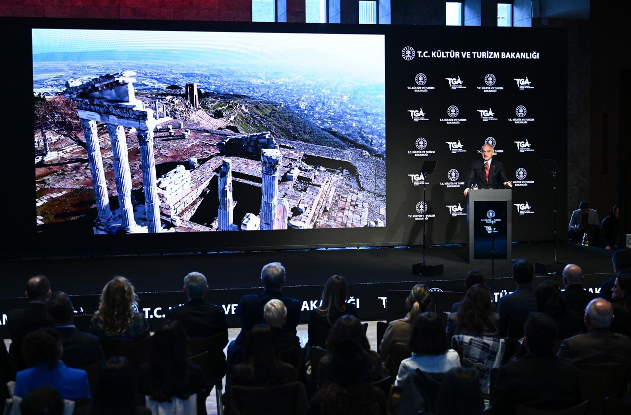 Minister of Culture and Tourism Mehmet Nuri Ersoy delivered a speech at the press conference held at the Ataturk Cultural Center regarding the series prepared under the coordination of the Türkiye Tourism Promotion and Development Agency (TGA) and the contribution of the mini-series projects to the country’s promotion. Istanbul, Türkiye, December 26, 2025. (AA Photo)