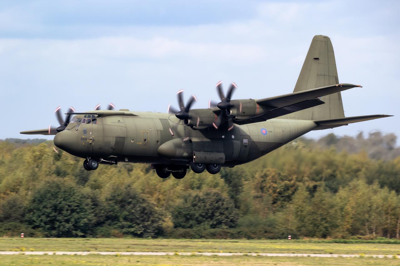 British Royal Air Force (RAF) Lockheed C-130J Hercules C.4 transport plane landing on Eindhoven Airbase in the Netherlands, September 14, 2022. (Adobe Stock Photo)