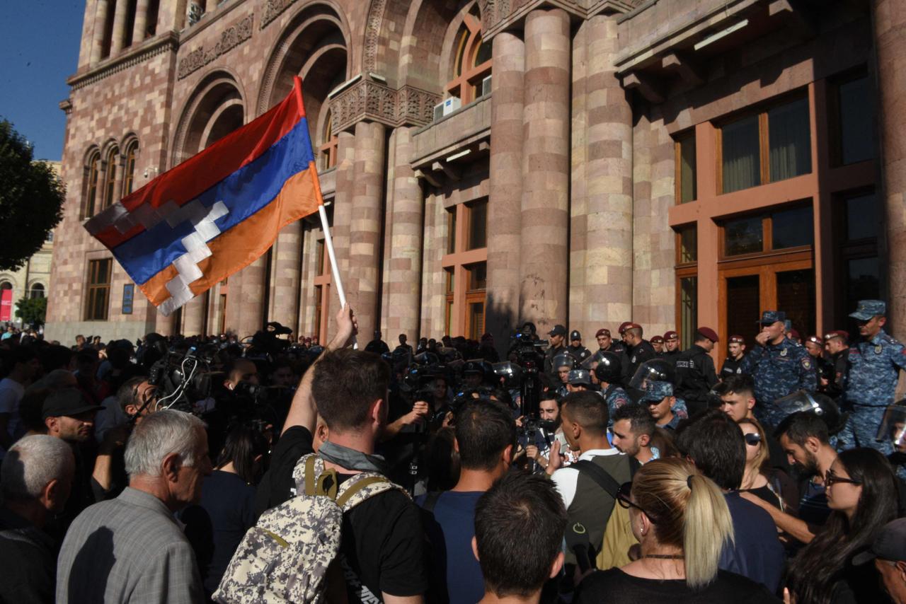 Protestors gather as separatists in Nagorno-Karabakh and Azerbaijan's authorities announced they would cease hostilities, signalling the end of an "anti-terror" operation in downtown Yerevan, Armenia on Sept. 20, 2023. (AFP Photo)