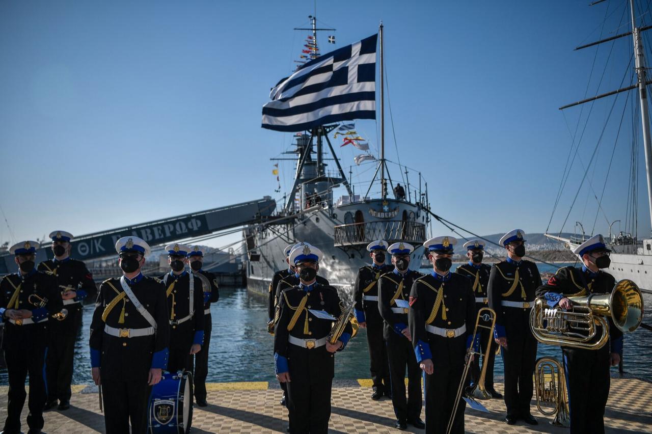 Greek Navy music band stands guard  before the ceremony of the signing of a deal for the purchase of three frigates and six Rafale fighter jets from France on board the decommissioned Hellenic Navy cruiser "Georgios Averof" in Athens, Greece on March 24, 2022. (AFP Photo)