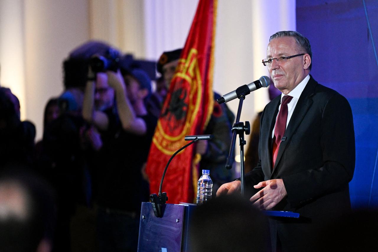 Leader of the Democratic Party of Kosovo (PDK) Bedri Hamza addresses his supporters during an election campaign rally in Ferizaj on December 25, 2025. (AFP Photo)