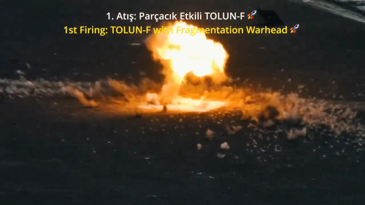 Aselsan's Tolun-F with a fragmentation warhead during a test firing at an undisclosed location and time. (Photo via X/@BaykarTech)