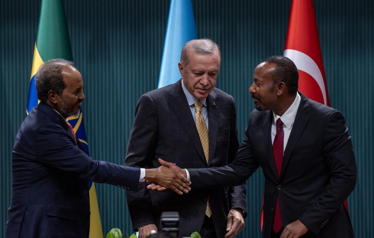 President Recep Tayyip Erdogan (C) holds a joint press conference with Somali President Hassan Sheikh Mohamud (R) and Ethiopian Prime Minister Abiy Ahmed (L) at the Presidential Complex in Ankara, Türkiye on Dec. 11, 2024. (AA Photo)
