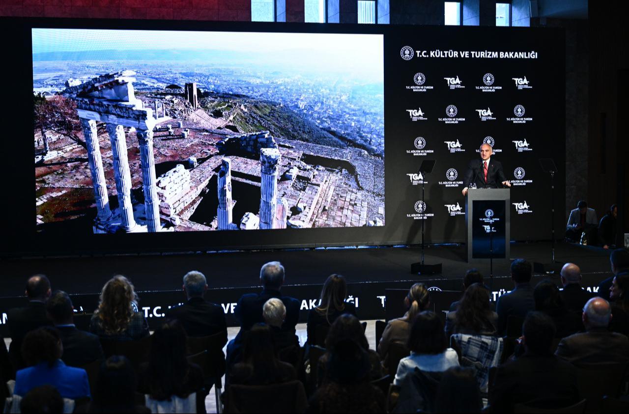 Minister of Culture and Tourism Mehmet Nuri Ersoy delivered a speech at the press conference held at the Ataturk Cultural Center regarding the series prepared under the coordination of the Türkiye Tourism Promotion and Development Agency (TGA) and the contribution of the mini-series projects to the country’s promotion. Istanbul, Türkiye, Dec. 26, 2025. (AA Photo)