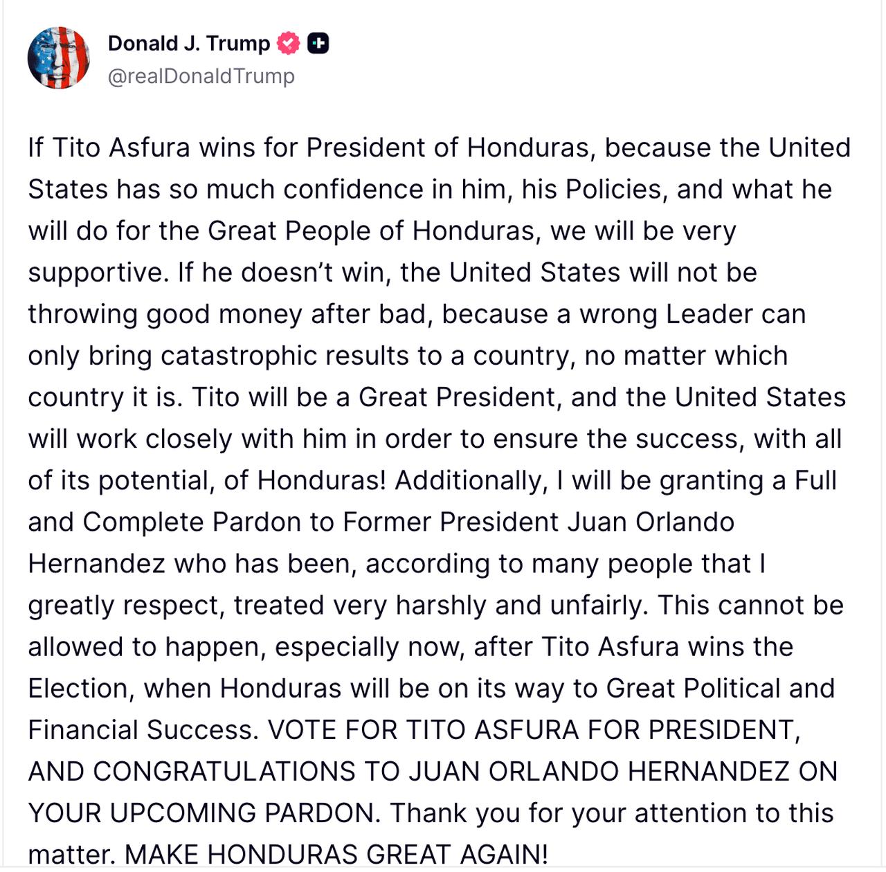 The image displays a social media post from Donald Trump endorsing Tito Asfura for President of Honduras and promising a presidential pardon for former President Juan Orlando Hernández.