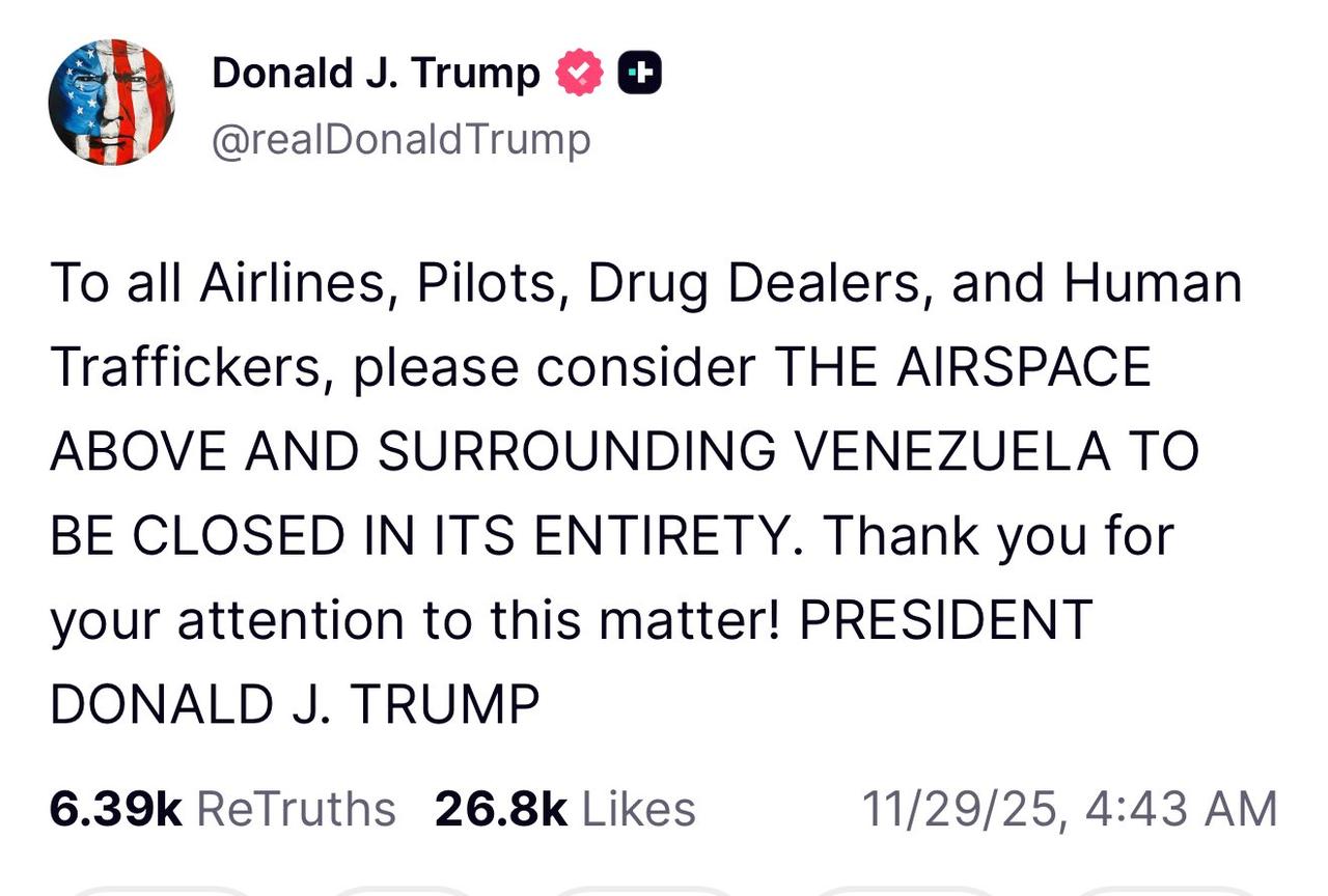 The image displays a tweet from Donald J. Trump regarding Venezuelan airspace. (@realDonaldTrump)