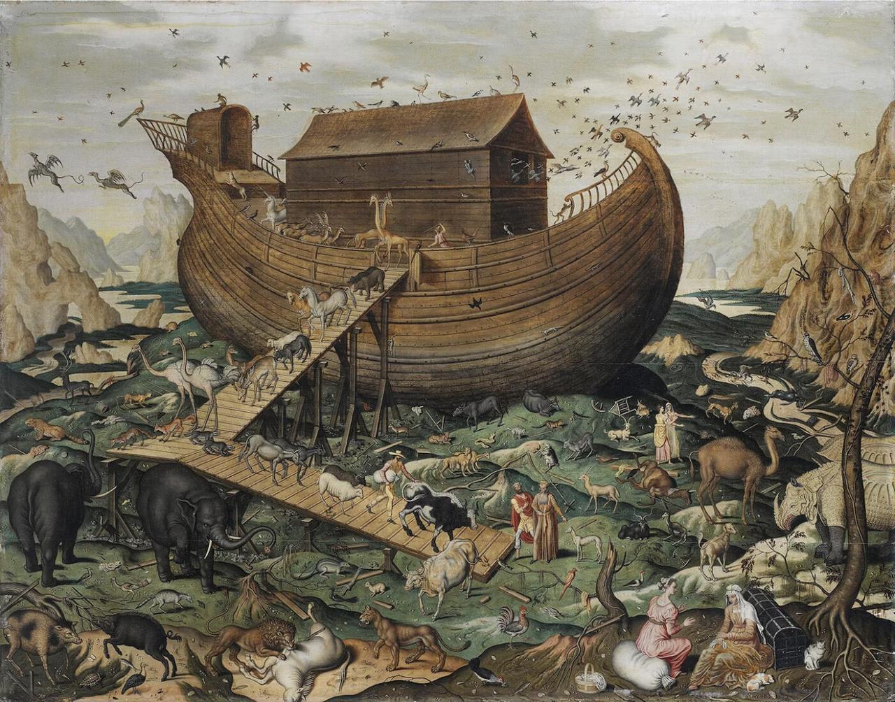Cows, elephants, giraffes ... and is that a unicorn wandering the deck of Noah's Ark in this oil painting done by Simon de Myle in 1570(?). (Photo by Bridgeman)