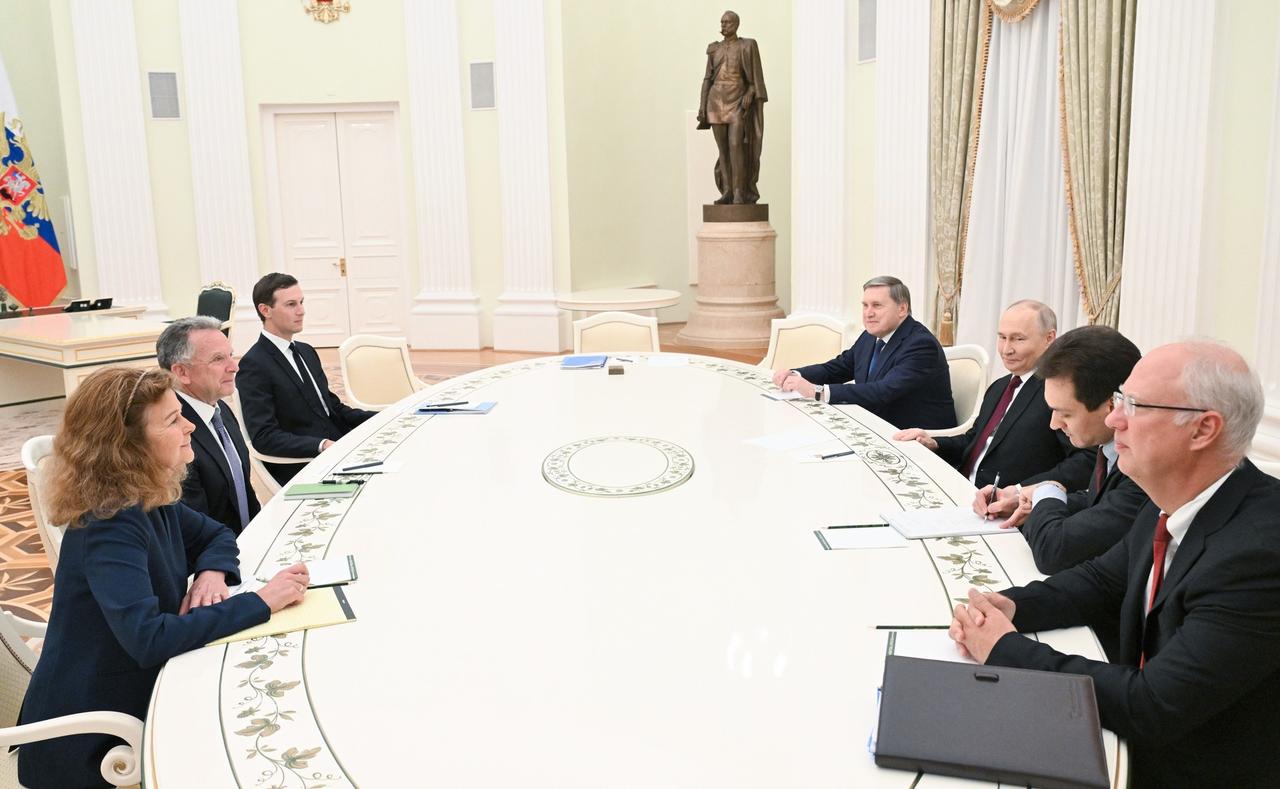 Russian President Vladimir Putin begin a meeting with US special envoy Steve Witkoff and US President Donald Trump's son-in-law Jared Kushner at the Kremlin, aimed at finding a solution to end the Ukraine war, in Moscow, Russia on Dec. 2, 2025. (Kremlin Press Office / AA Photo)