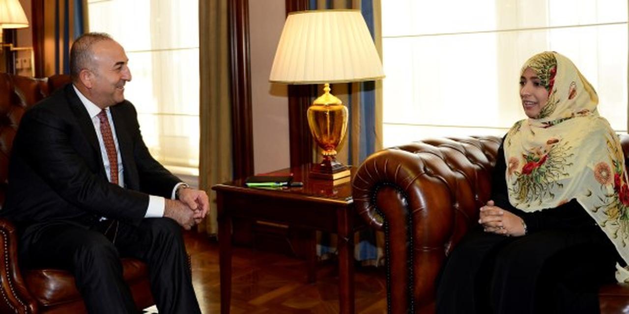 Former Turkish Foreign Minister Mevlut Cavusoglu met with Turkish journalist, activist, and citizen Tawakkol Karman, who is recognized as the first Yemeni and Arab woman, and the second Muslim woman, to receive the Nobel Peace Prize in 2011. (Photo via Turkish Foreign Ministry)