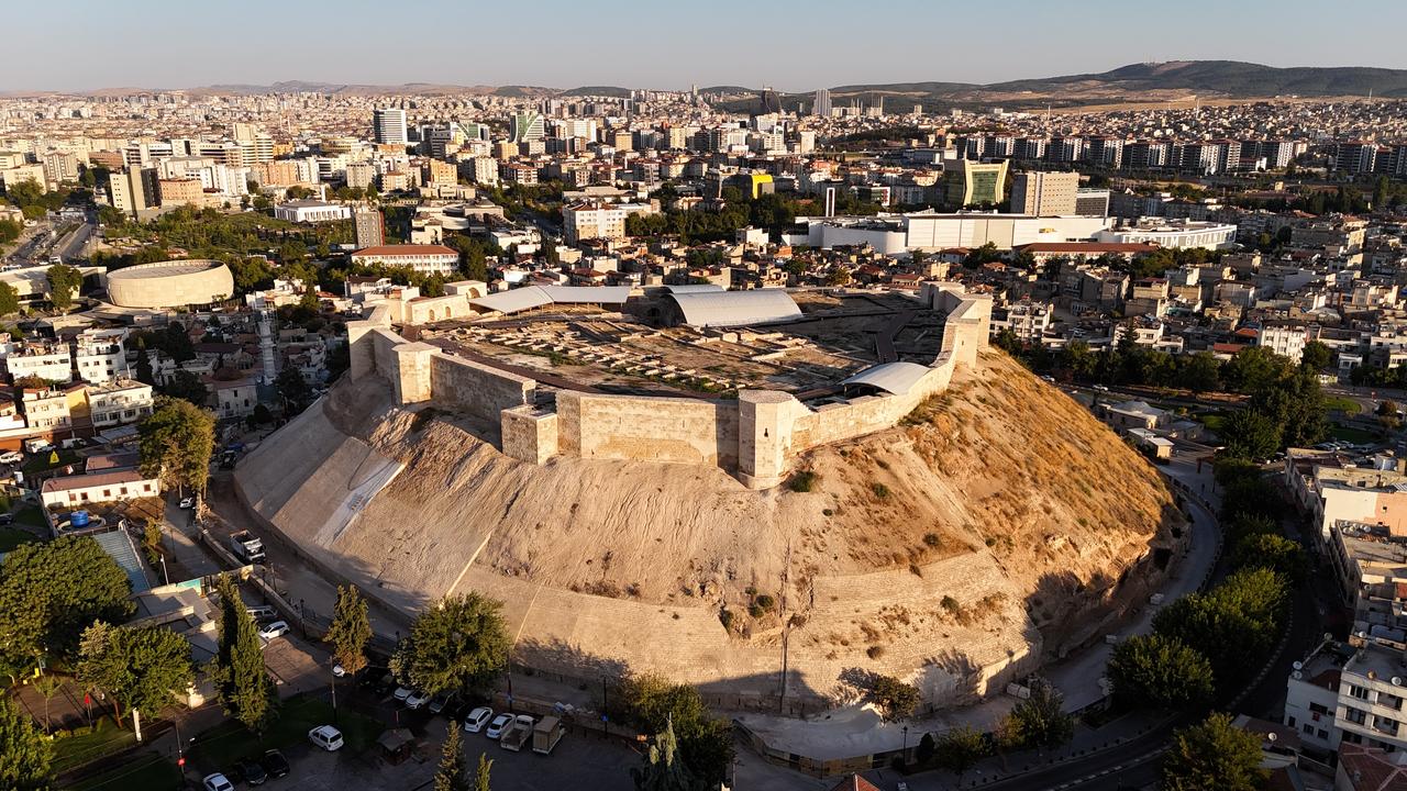 An aerial view of the restored Gaziantep Castle following completion of post-earthquake consolidation works in southeastern Türkiye, Dec. 3, 2025. (AA Photo)