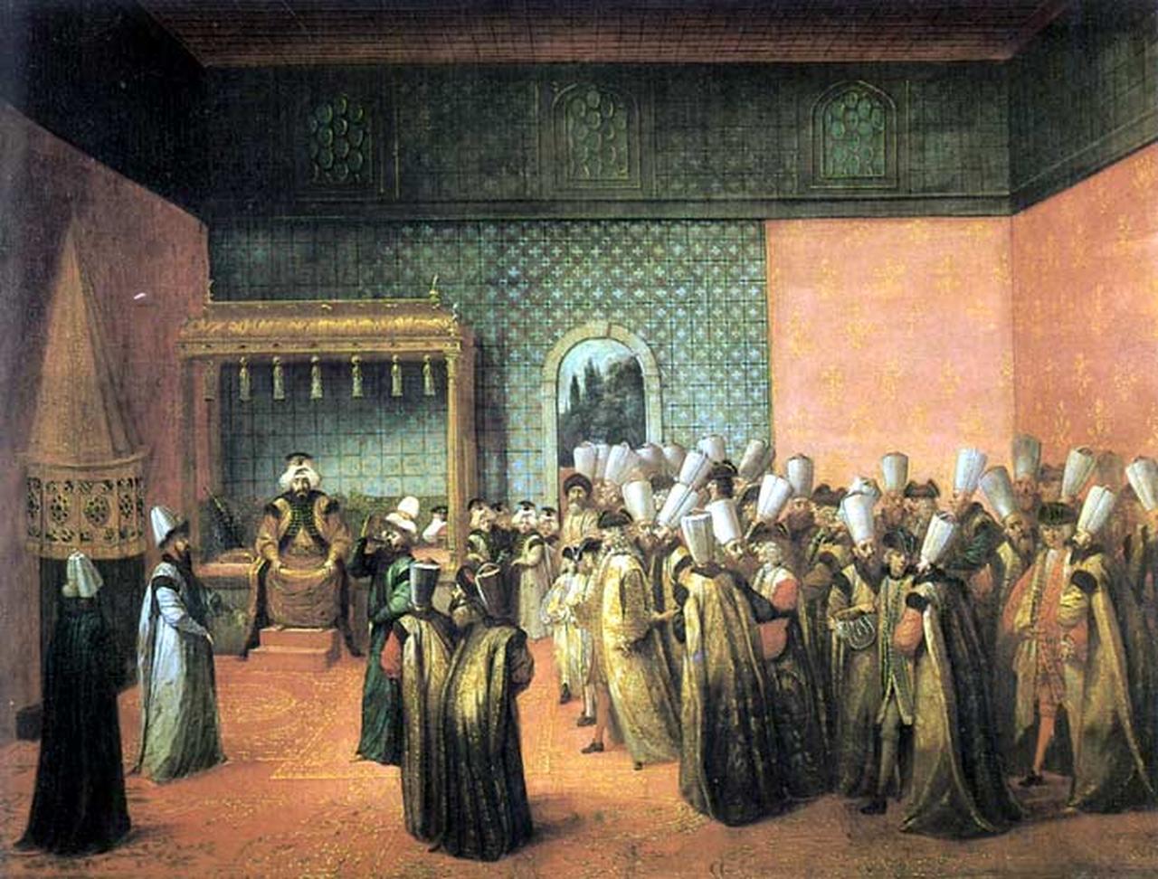 Audience in the Diwan-i-Khas, Topkapi Palace, granted to the French ambassador, the vicomte d'Andrezel by Ottoman Sultan Ahmed III, 10 October 1724, in a contemporary painting by Jean-Baptiste van Mour. (Image via Wikimedia)