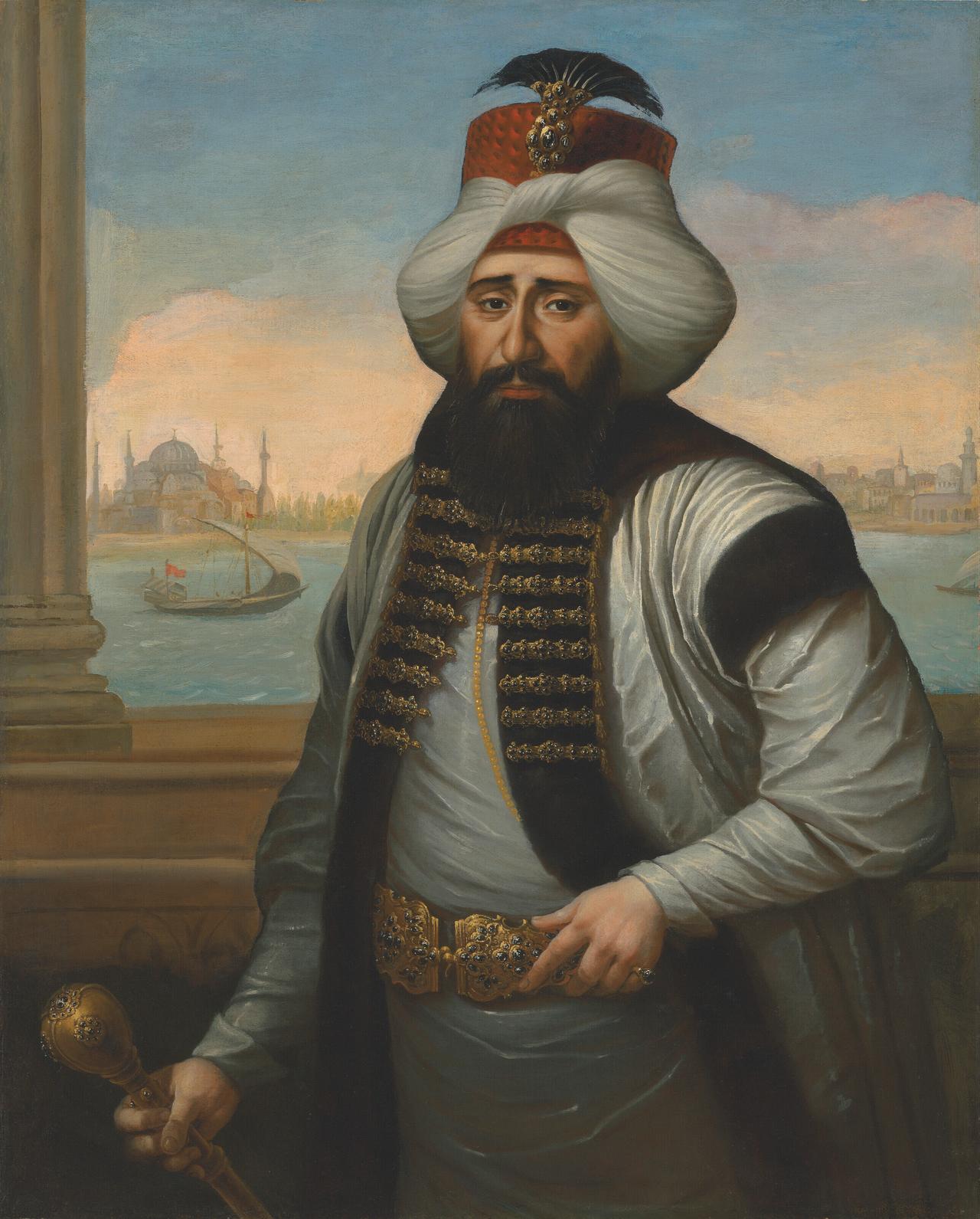 Portrait of Sultan Ahmed III (1673–1736), three-quarter-length, standing, with a view onto the Bosphorus and the Hagia Sophia by Jean-Baptiste Vanmour. (Image via Wikimedia)