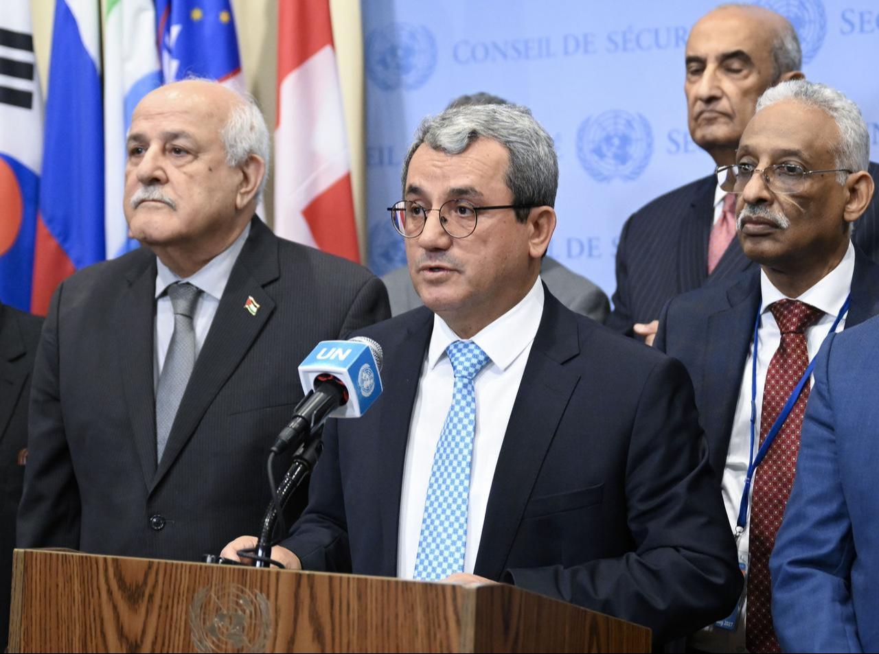 Permanent Representative to the United Nations, Ambassador Ahmet Yildiz, holds a press conference at the UN regarding a joint letter initiative led by Türkiye, calling for the cessation of arms transfers to Israel in New York, United States on Nov. 7, 2024. (AA Photo)