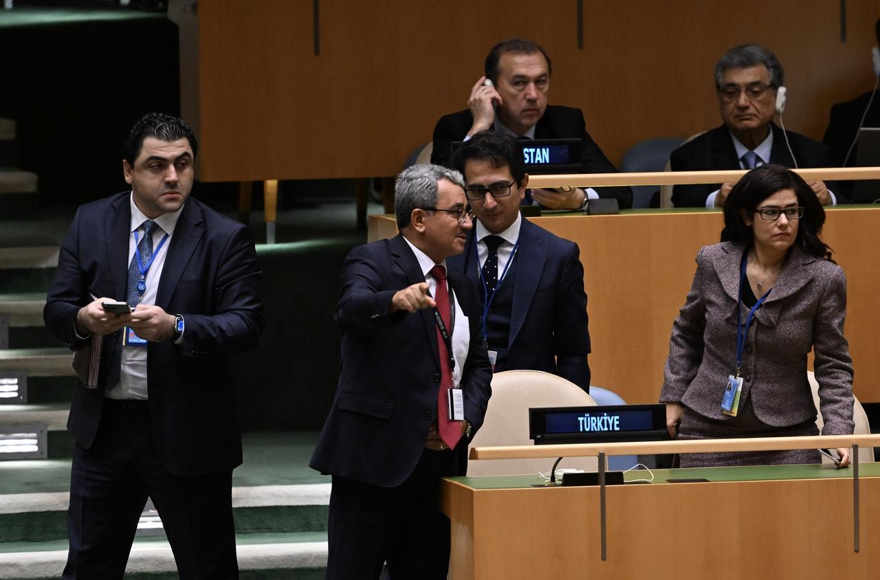 Turkish delegation, led by permanent representative to U.N., Ambassador Ahmet Yildiz (2nd L), and many others leave U.N. General Assembly to protest ahead of Israeli PM Netanyahu's speech, New York, U.S., Sept. 27, 2024. (AA Photo)