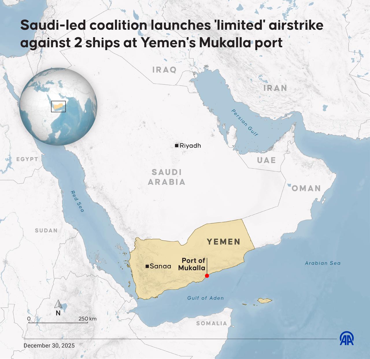 An infographic titled "Saudi-led coalition launches 'limited' airstrike against 2 ships at Yemen's Mukalla port" created in Ankara, Türkiye on Dec. 30, 2025. (AA Graphics)