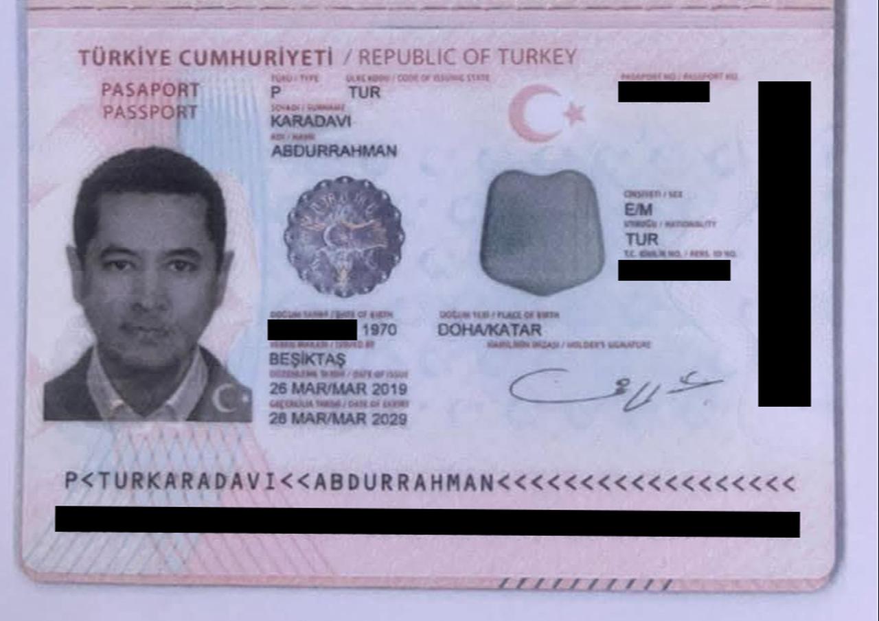 Abdurrahman Karadavi holds a Turkish passport. (Document obtained by Türkiye Today)