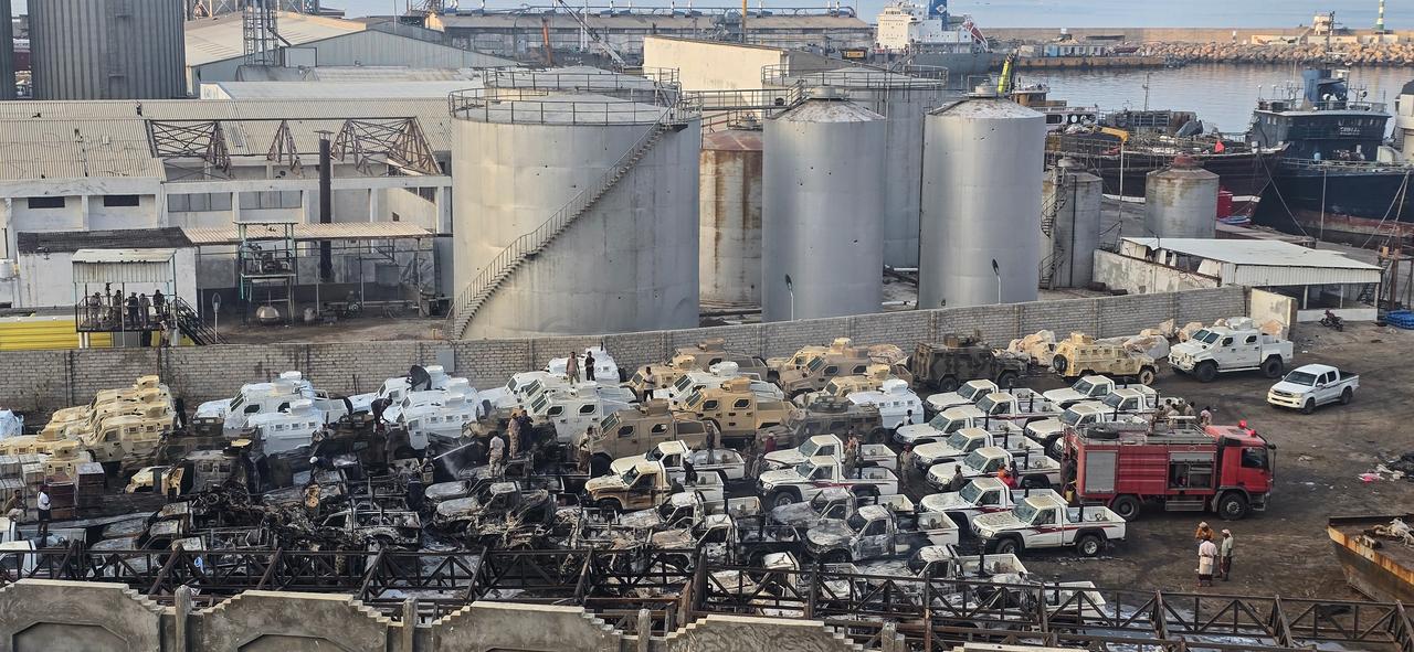 Damaged military vehicles, reportedly sent by the United Arab Emirates to support Southern Transitional Council separatist forces, following an air strike carried out by the Saudi-led coalition in the port of Mukalla, southern Yemen on Dec. 30, 2025. (AFP Photo)