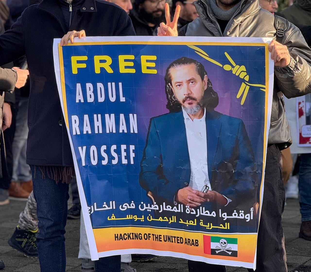 A protest was held outside the Egyptian Embassy in The Hague in the Netherlands, calling for the release of poet Abdulrahman Yusuf al-Qaradawi. ( Photo via X / @arahmanyusuf )