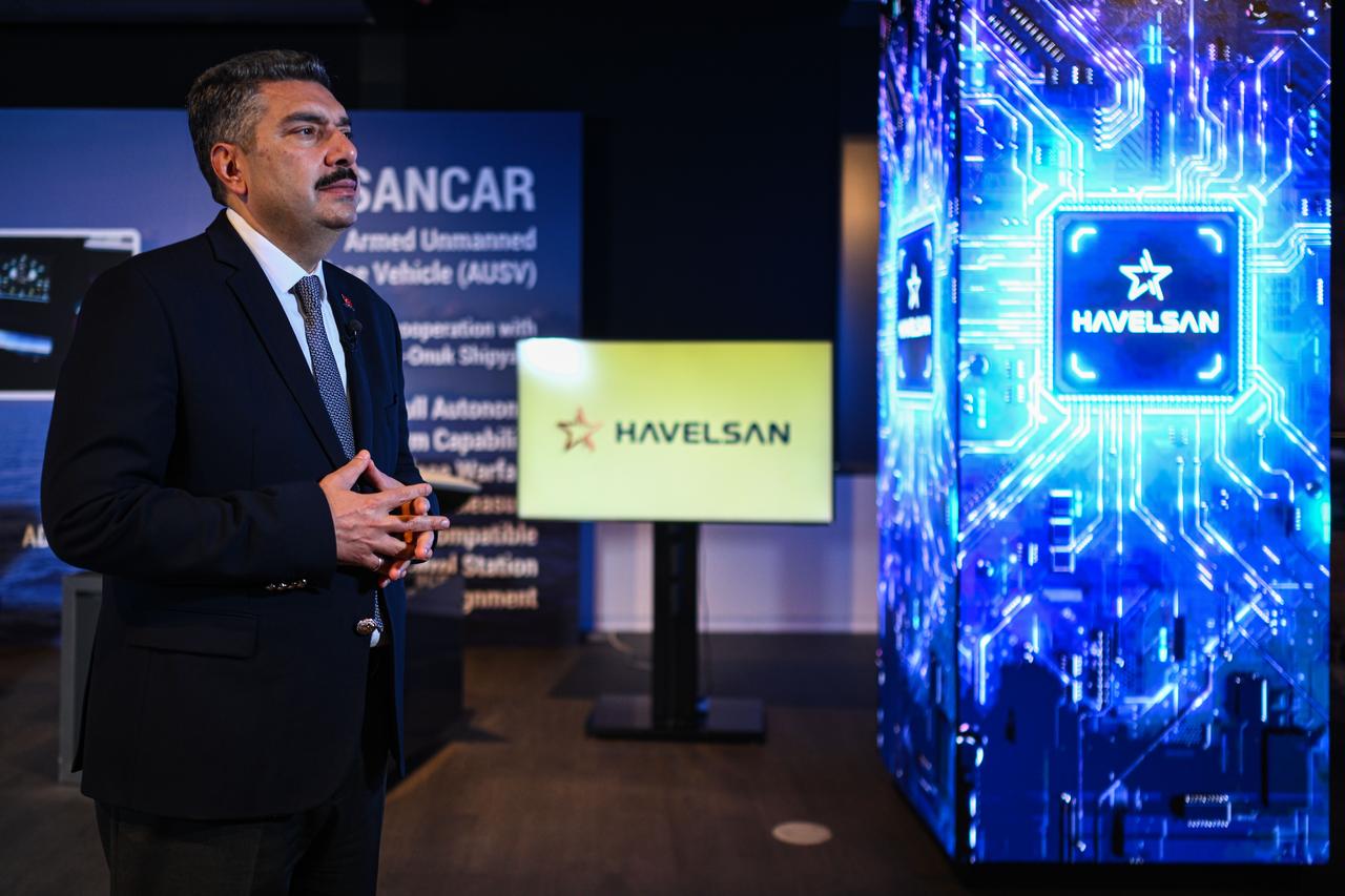 Havelsan General Manager Mehmet Akif Nacar speaking to a reporter about their activities in Ankara, Türkiye, Dec. 31, 2025. (AA Photo)