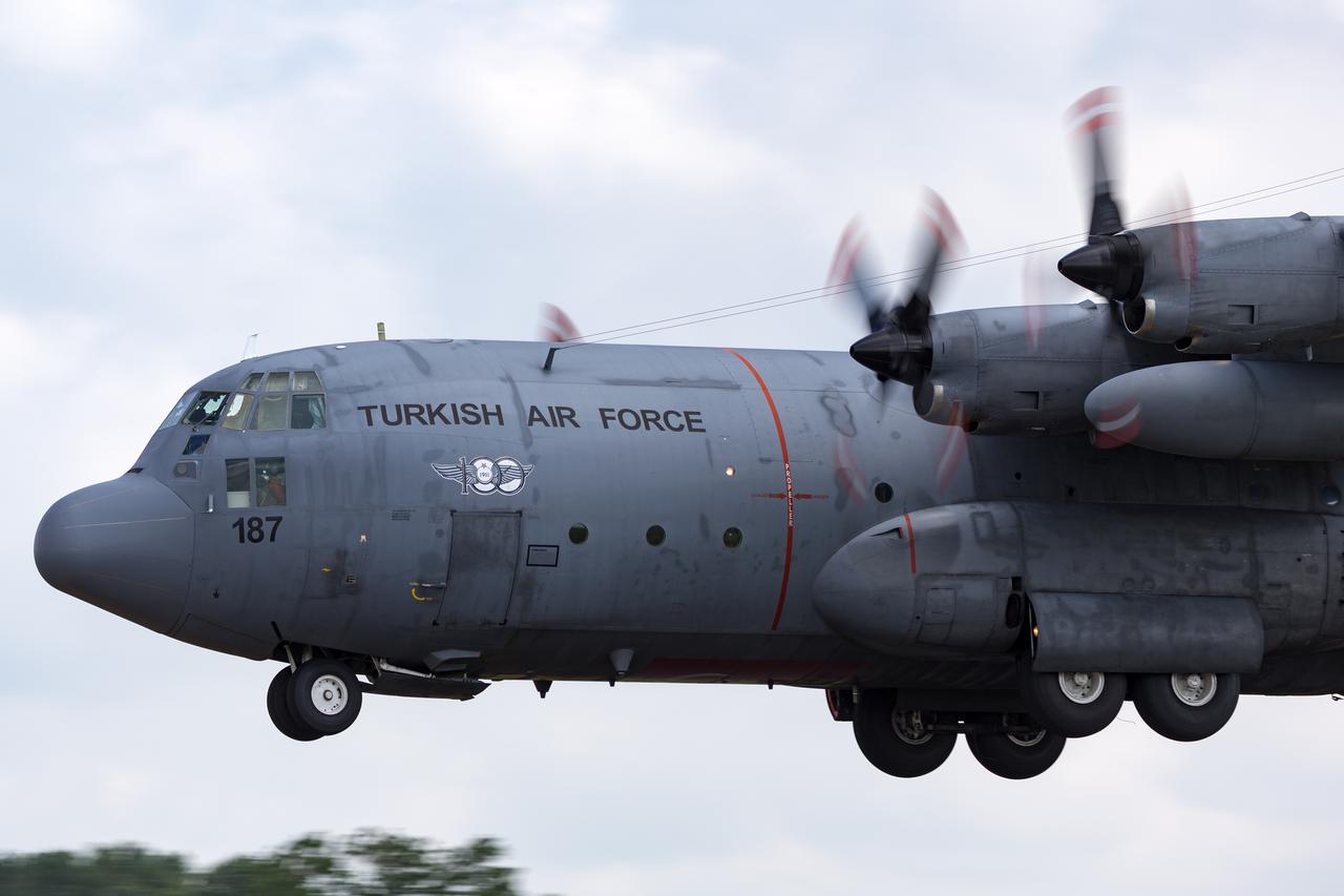 Turkish Air Force Lockheed C-130E Hercules military transport aircraft 63-3187 at RAF Fairford, in Gloucestershire, UK, July 9, 2014. (Adobe Stock Photo)