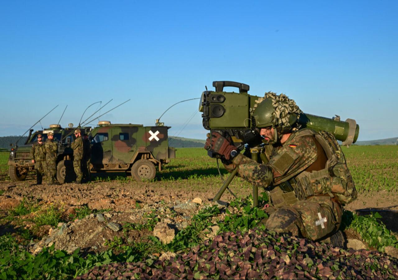 Soldiers of the German Armed Forces Bundeswehr train at Romanian Air Force 71st Air Base near Campia Turzii, Romania, on May 13, 2024. (AFP Photo)