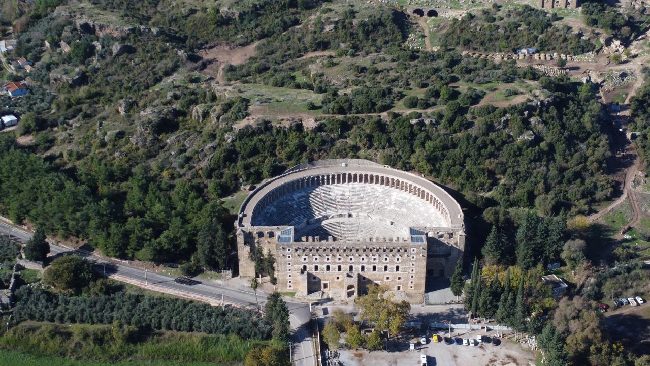 An aerial view of the Aspendos Ancient Theater in Antalya, Türkiye, Dec. 4, 2025. (AA Photo)