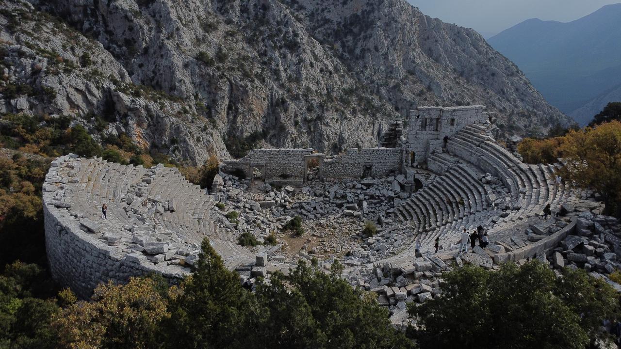 An aerial view of the ancient theater in the mountain settlement of Termessos, overlooking the valleys and scattered rural houses of Antalya, Türkiye, Dec. 4, 2025. (AA Photo)