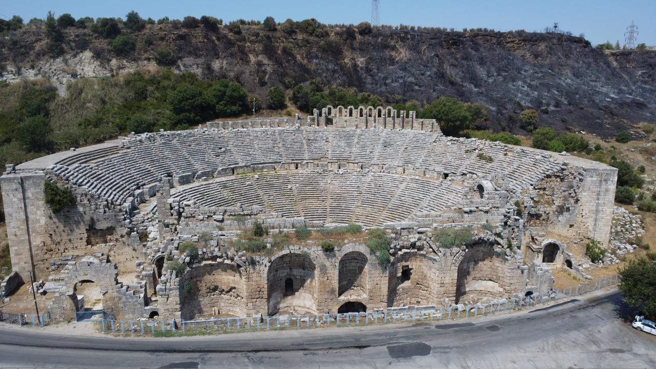An aerial view of the Perge Ancient Theater in Antalya, Türkiye, Dec. 4, 2025. (AA Photo)