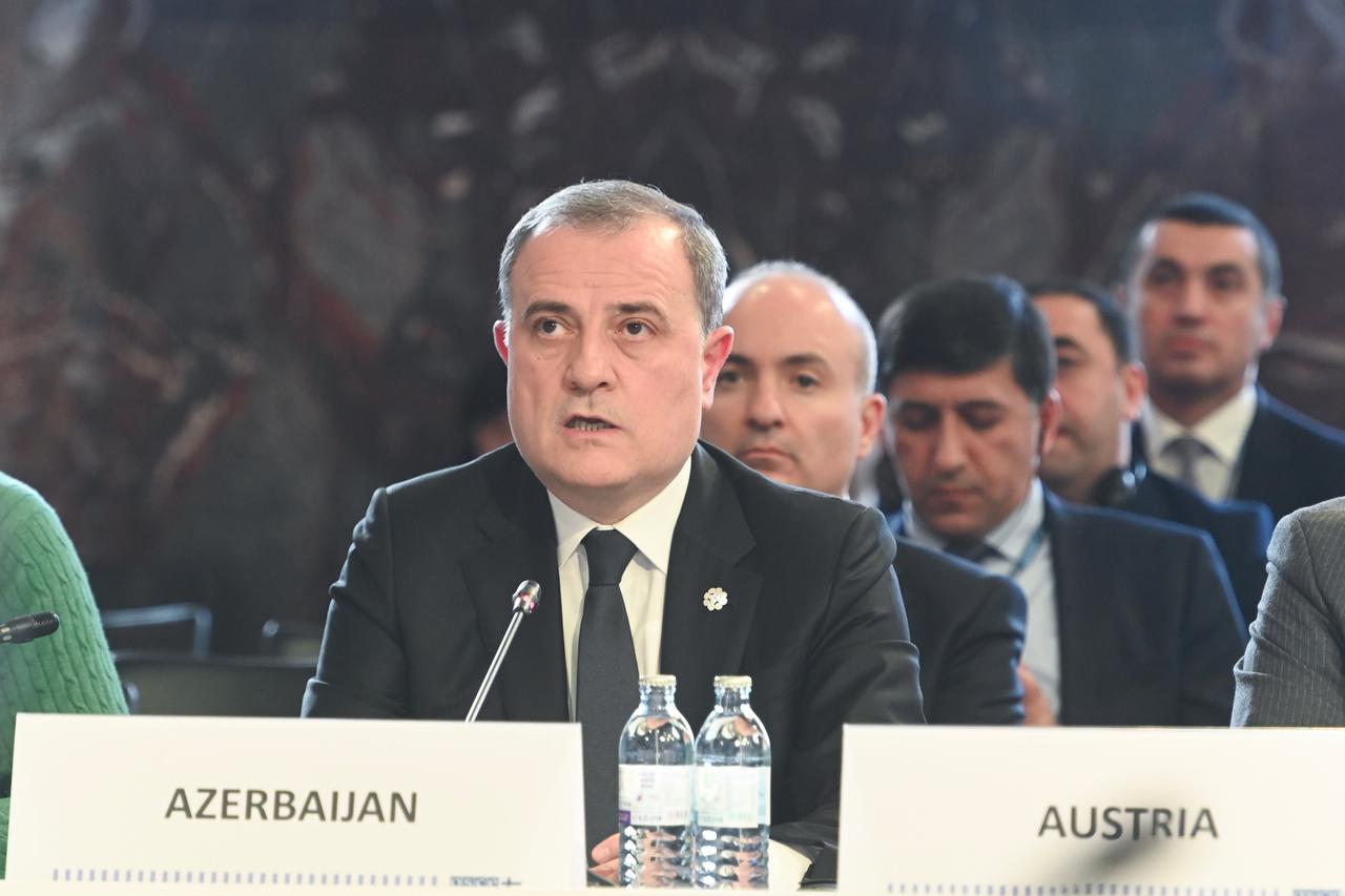 Azerbaijani Foreign Minister Jeyhun Bayramov addresses the 32nd Ministerial Council of the Organization for Security and Co-operation in Europe (OSCE) in Vienna, Austria, December 4, 2025. (Photo via X/@Bayramov_Jeyhun)