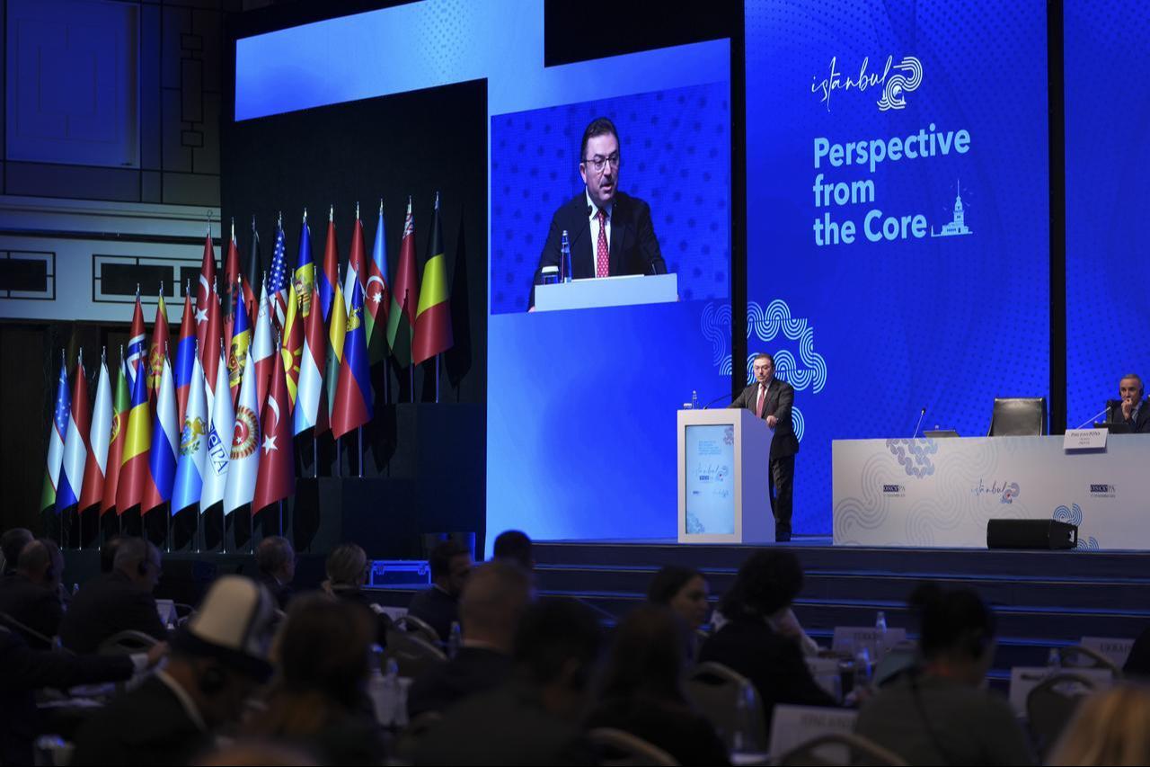 Head of the OSCE PA Turkish Delegation Selami Altinok delivers a speech on the second day of the 23rd Autumn General Assembly Meeting of the Organization for Security and Co-operation in Europe (OSCE) in Istanbul, Türkiye on Nov. 18, 2025. (AA Photo)