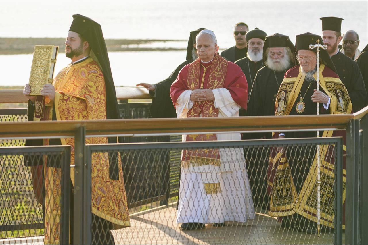 Pope Leo XIV attends a ceremony marking the 1700th anniversary of the First Council of Nicaea held in the ruins of submerged basilica, revealed in 2014 after water levels receded in Lake Iznik and identified as having been built in honor of Saint Neophytos in Bursa, Türkiye on Nov. 28, 2025. (AA Photo)