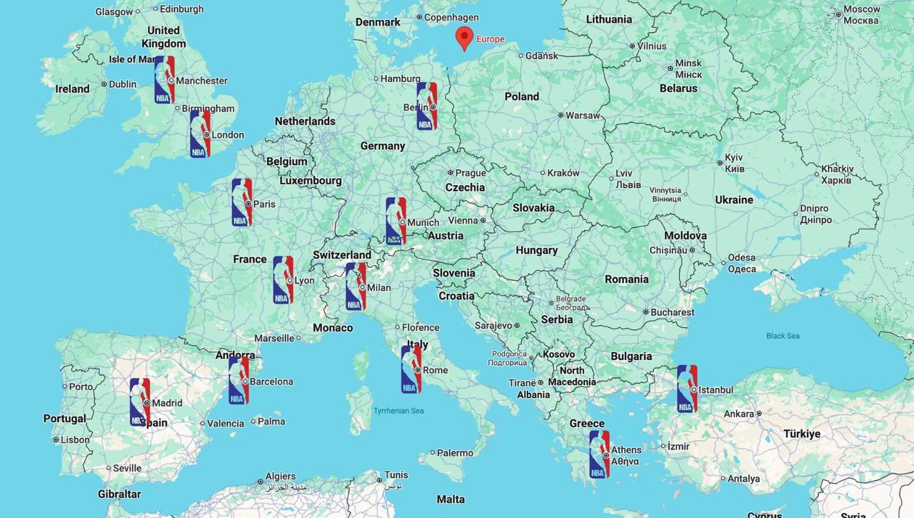 The NBA has proposed 12 cities across Europe and the UK would be home to NBA Europe franchises. (Image via basketball.com.au)