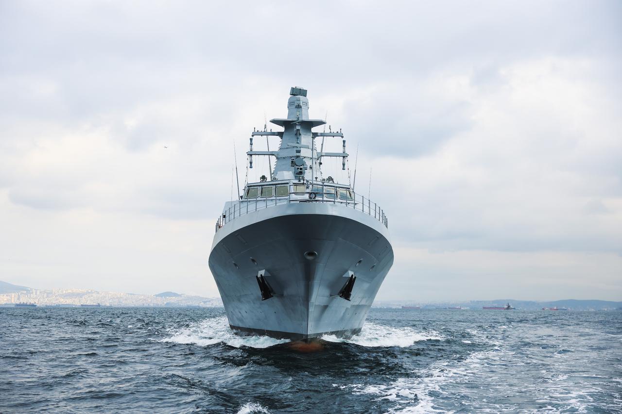 ASFAT announced that TCG Akhisar, completed in 2024 at the Istanbul Naval Shipyard, has been successfully exported to the Romanian Navy on Dec. 3, 2025. (ASFAT - AA Photo)
