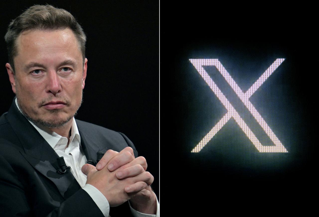 This combination of pictures created on October 10, 2023, shows (L)
SpaceX, Twitter and electric car maker Tesla CEO Elon Musk during his visit at the Vivatech technology startups and innovation fair at the Porte de Versailles exhibition center in Paris, on June 16, 2023 and (R) the new Twitter logo rebranded as X, pictured on a screen in Paris on July 24, 2023. (AFP File Photo)