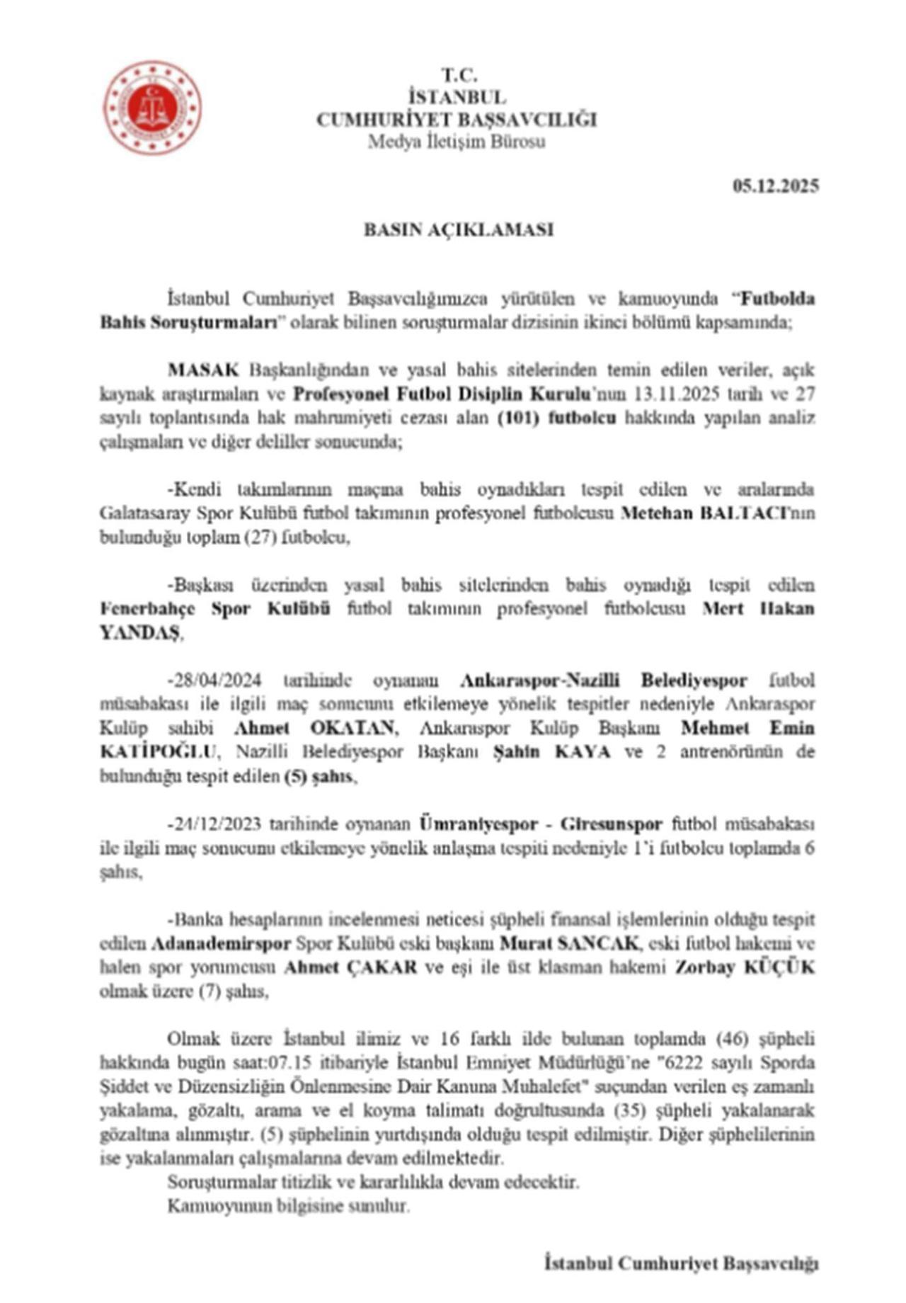 Statement released by the Istanbul Chief Public Prosecutor’s Office on Dec. 5, 2025, detailing new detentions and findings in the expanding illegal betting investigation. (Image via Istanbul Chief Public Prosecutor’s Office)