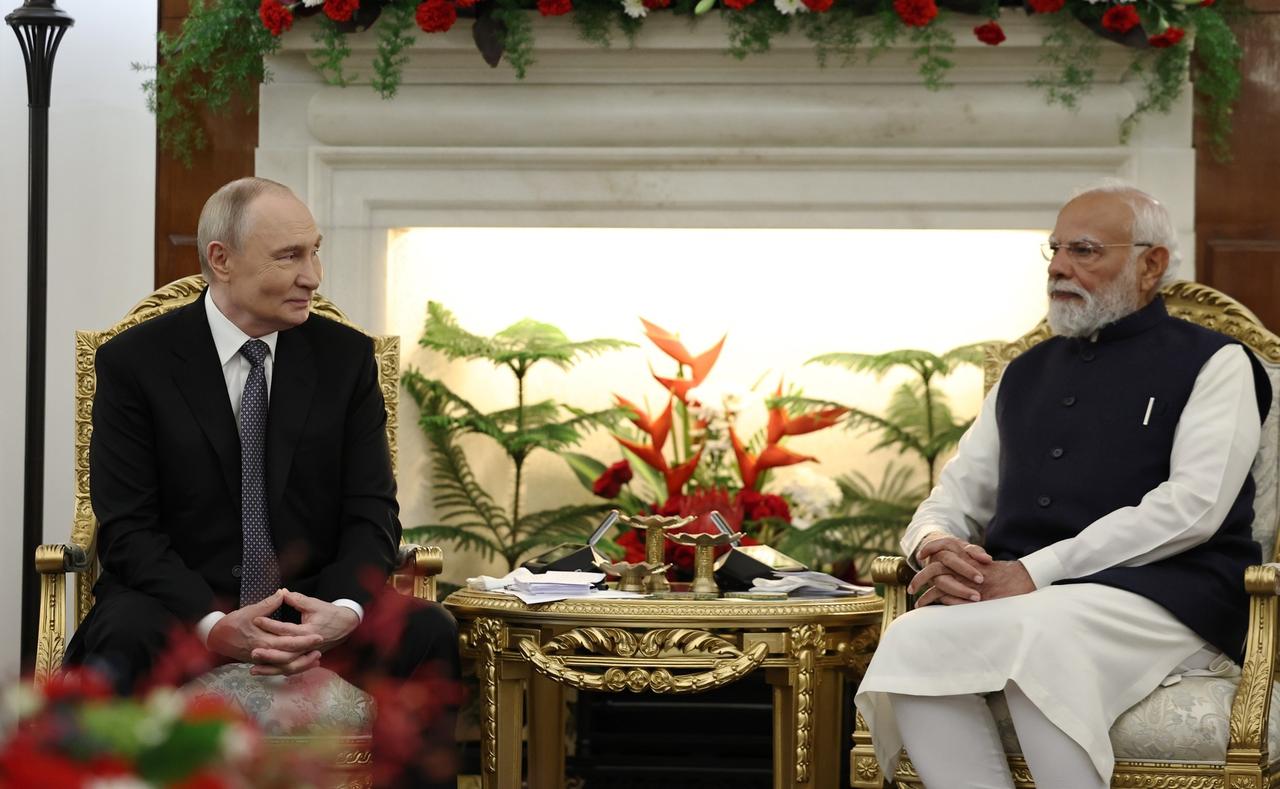 Russian President Vladimir Putin (L) meets with Indian Prime Minister Narendra Modi (R) at the Hyderabad House in New Delhi, India on Dec. 5, 2025. (AA Photo)