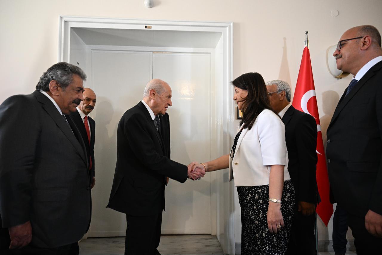 Nationalist Movement Party (MHP) leader Devlet Bahceli meets with a Peoples Equality and Democracy Party (DEM Party) delegation at his office in the Turkish Grand National Assembly, joined by Deputy Speaker Pervin Buldan and Sanliurfa MP Mithat Sancar, Ankara, Türkiye, July 16, 2025. (AA Photo)