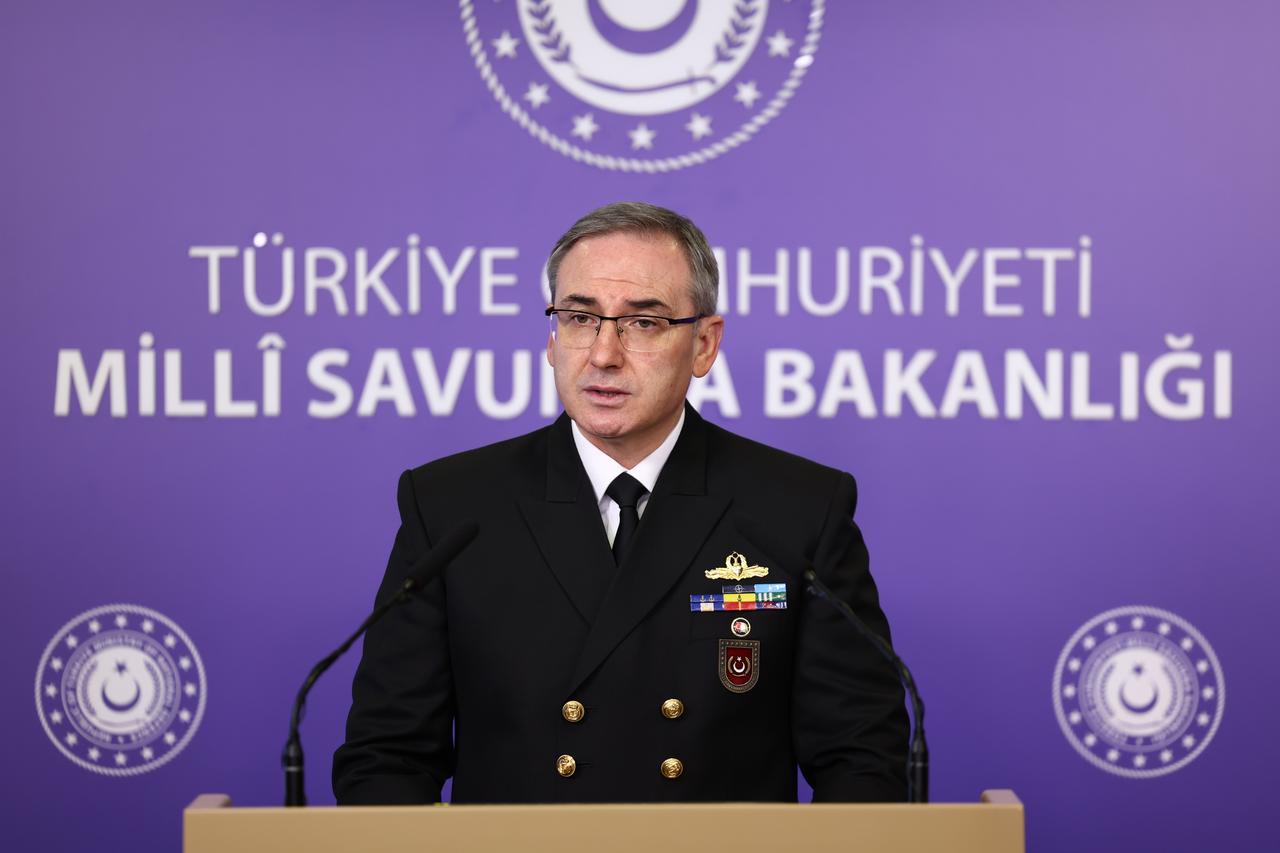 Rear Adm. Zeki Akturk, Press and Public Relations Advisor and Spokesperson of the Ministry of National Defense, spoke at the weekly press briefing held at the ministry in Ankara, Türkiye on Dec. 4, 2025. (AA Photo)